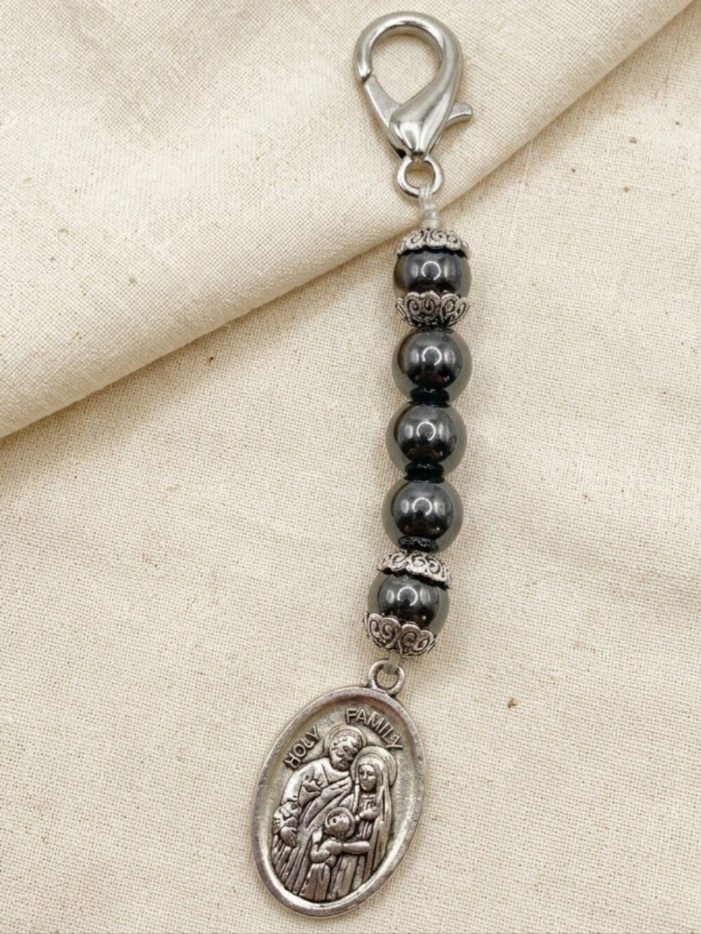 Hematite HOLY FAMILY Medal Keychain - CHARM
